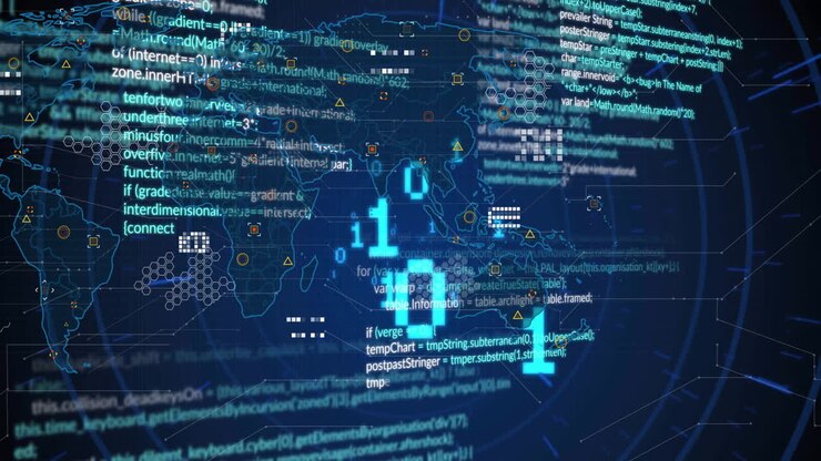 Animation of binary codes, computer language and geometric shapes on map over blue background