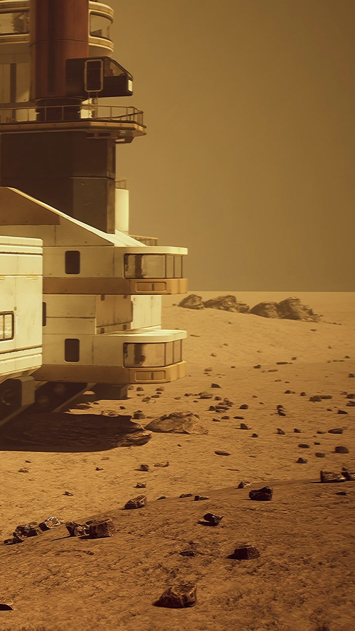 Mars base on the surface with rocky terrain and warm color skies