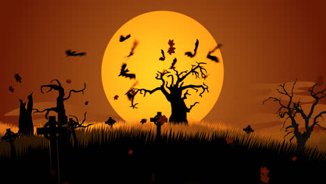 A-scary,-autumn-night-on-the-haunted,-mysterious-graveyard-with-dark-silhouettes-of-spooky,-old-tombstones.-The-human-skeletons-are-walking-against-bright.-full-moon.