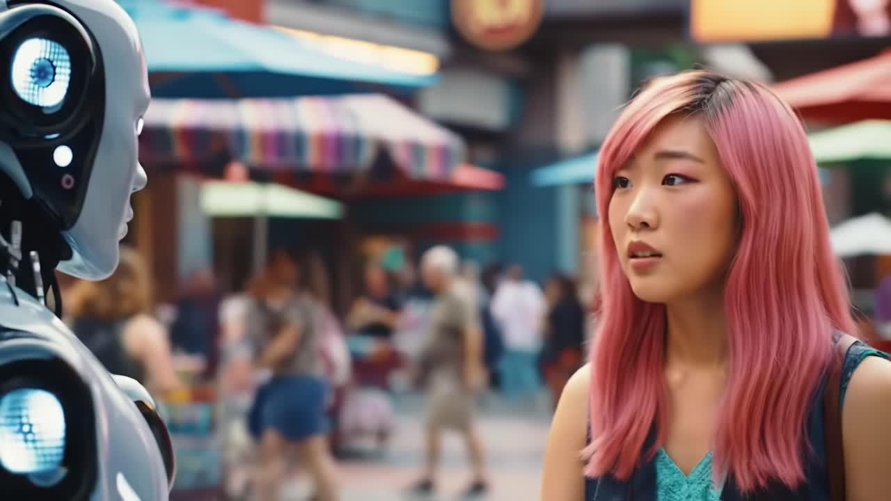 A young woman with pink hair engages in a conversation with a robot in a lively outdoor area filled with colorful umbrellas.
