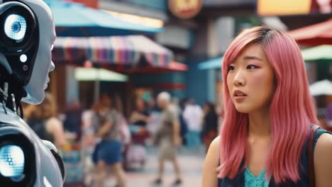 a young woman with pink hair engages in a conversation with a robot in a lively outdoor area filled with colorful umbrellas.