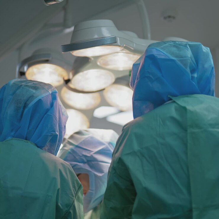 Teamwork of doctors in protective clothing. Group of medical workers in safety uniform operating patient in clinic. Rear view. Coronavirus concept
