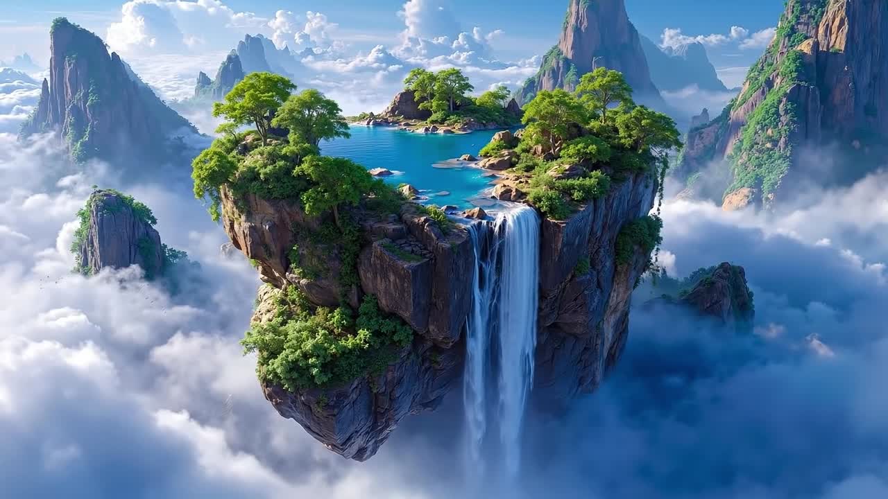 A small island in the middle of a mountain with a waterfall in the sky