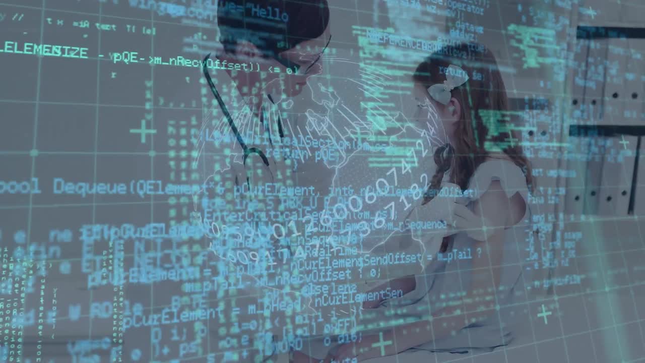 procesamiento de datos sobre una doctora caucásica examinando la mano de una niña caucásica en el hospital