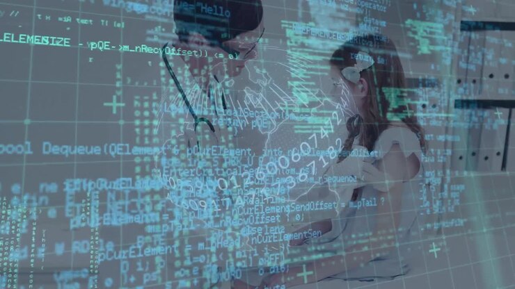 Data processing over caucasian female doctor examining hand of caucasian girl at hospital