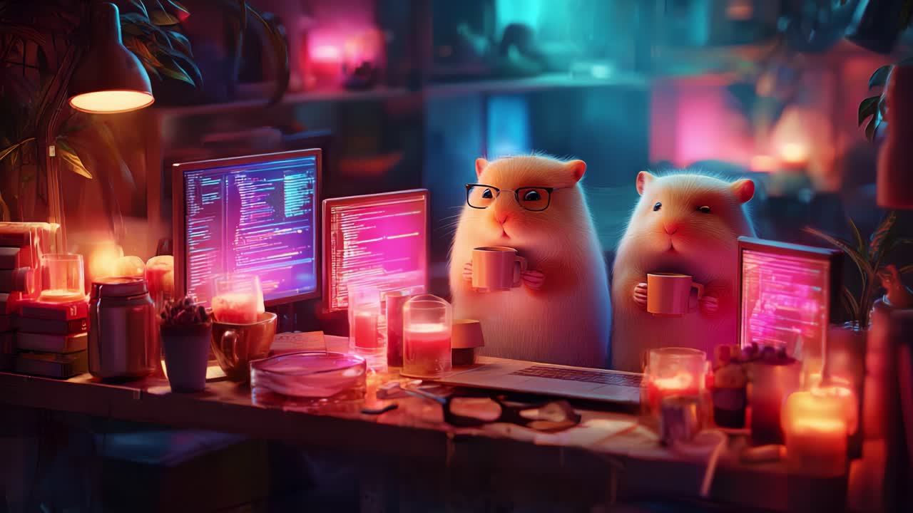 Two Charming Hamsters Engaged in Programming Amidst a Cozy, Colorful Workspace Lit by Flickering Candles and Monitors, Creating a Whimsical Atmosphere of Focus and Creativity