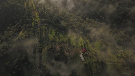 dramatic pan and tilt drone shot over the clouds looking down on the dramatic hillside and trees