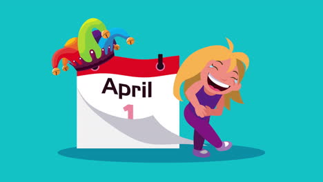 april fools day calendar with jester hat and girl giggling