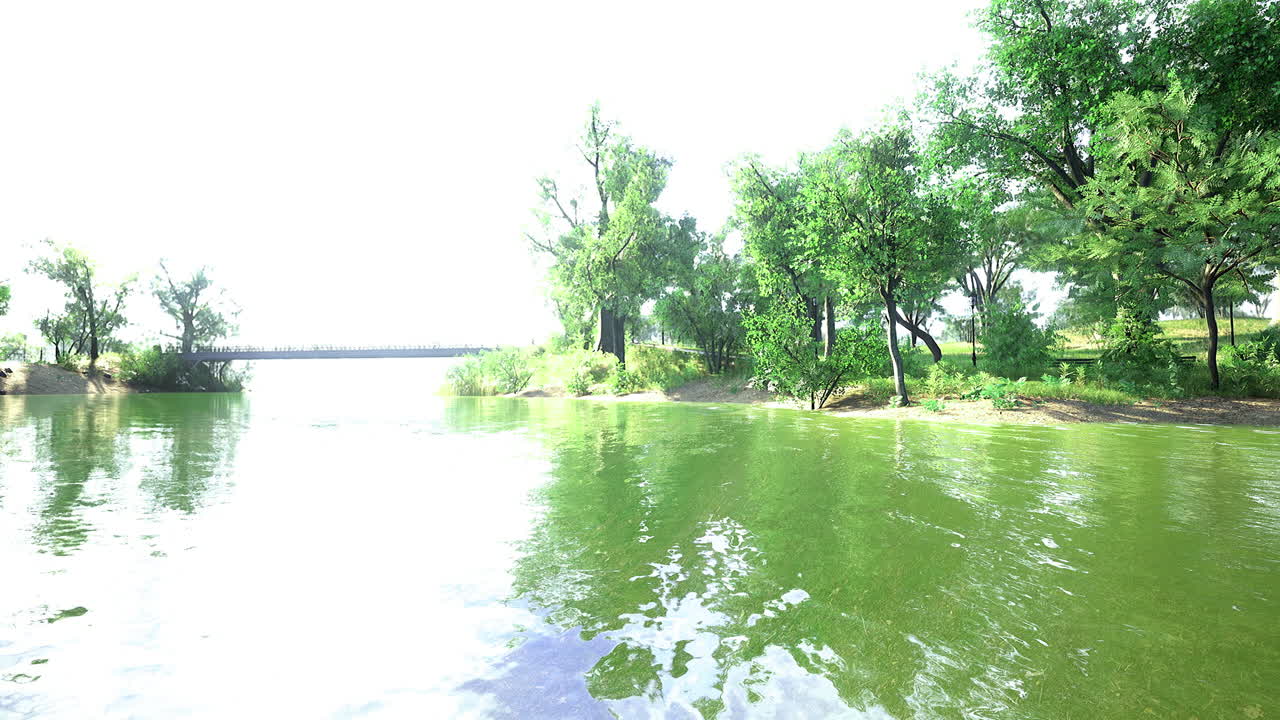 Bright afternoon by the tranquil river with a lush green backdrop