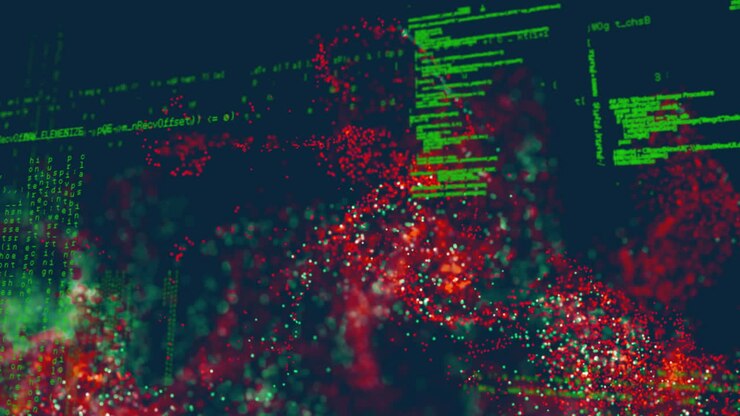 Animatie van kleurrijke deeltjes die abstracte vormen creëren met rode en groene tinten.
