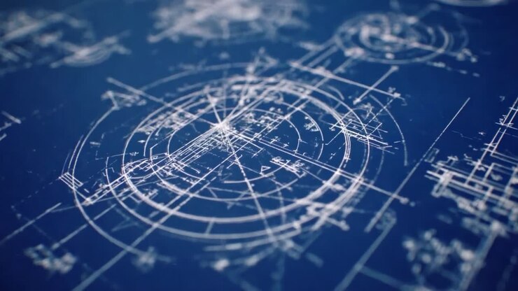 Detailed Blueprint Illustrations Showcasing Intricate Designs and Technical Schematics on a Deep Blue Background, Capturing the Essence of Engineering and Innovation