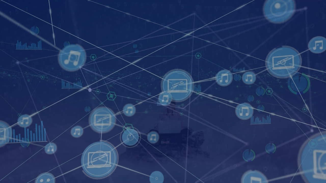 Animation of network of connections with icons over caucasian businesswoman