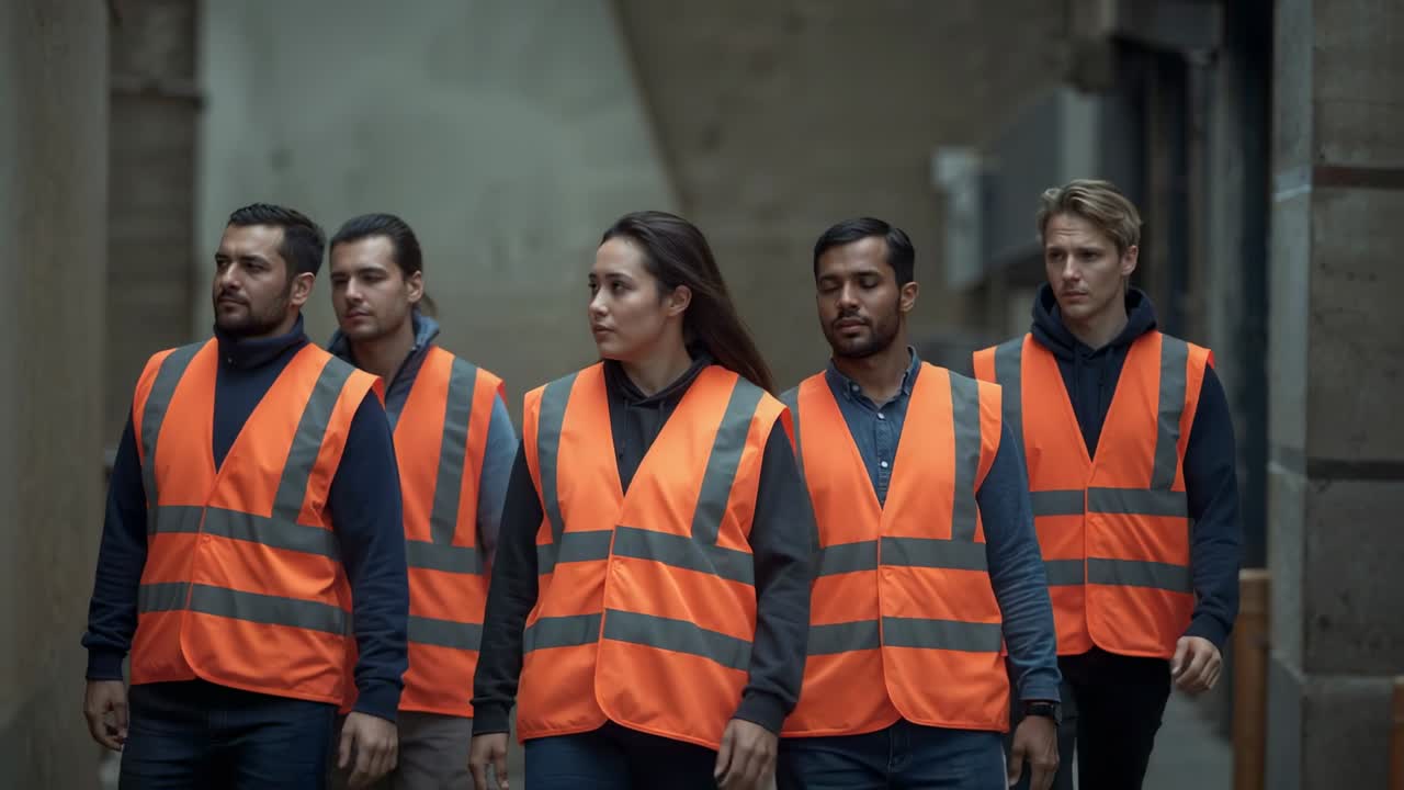 Walking team prompted by shift, wearing orange safety vests, moving through narrow corridor to task