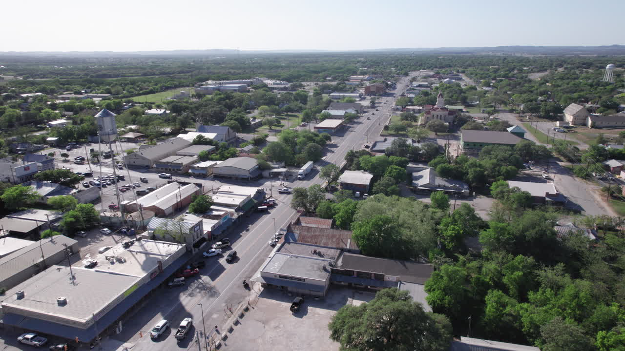 Aerial View of Bandera, Texas Main Street and historic Courthouse in the Hill Country