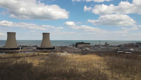 nuclear power plant complex in michigan, near lake erie, aerial drone view