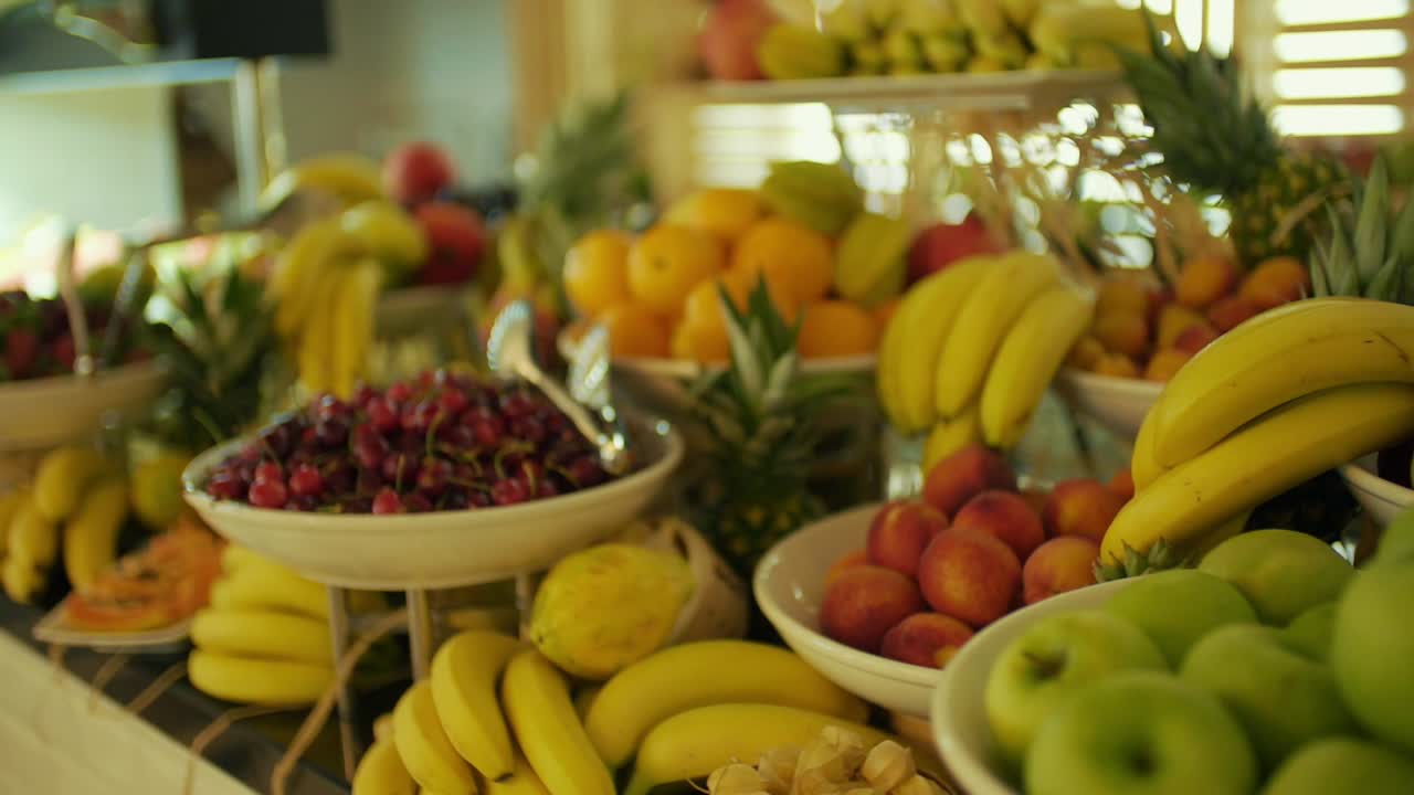 Buffet filled with various fruits