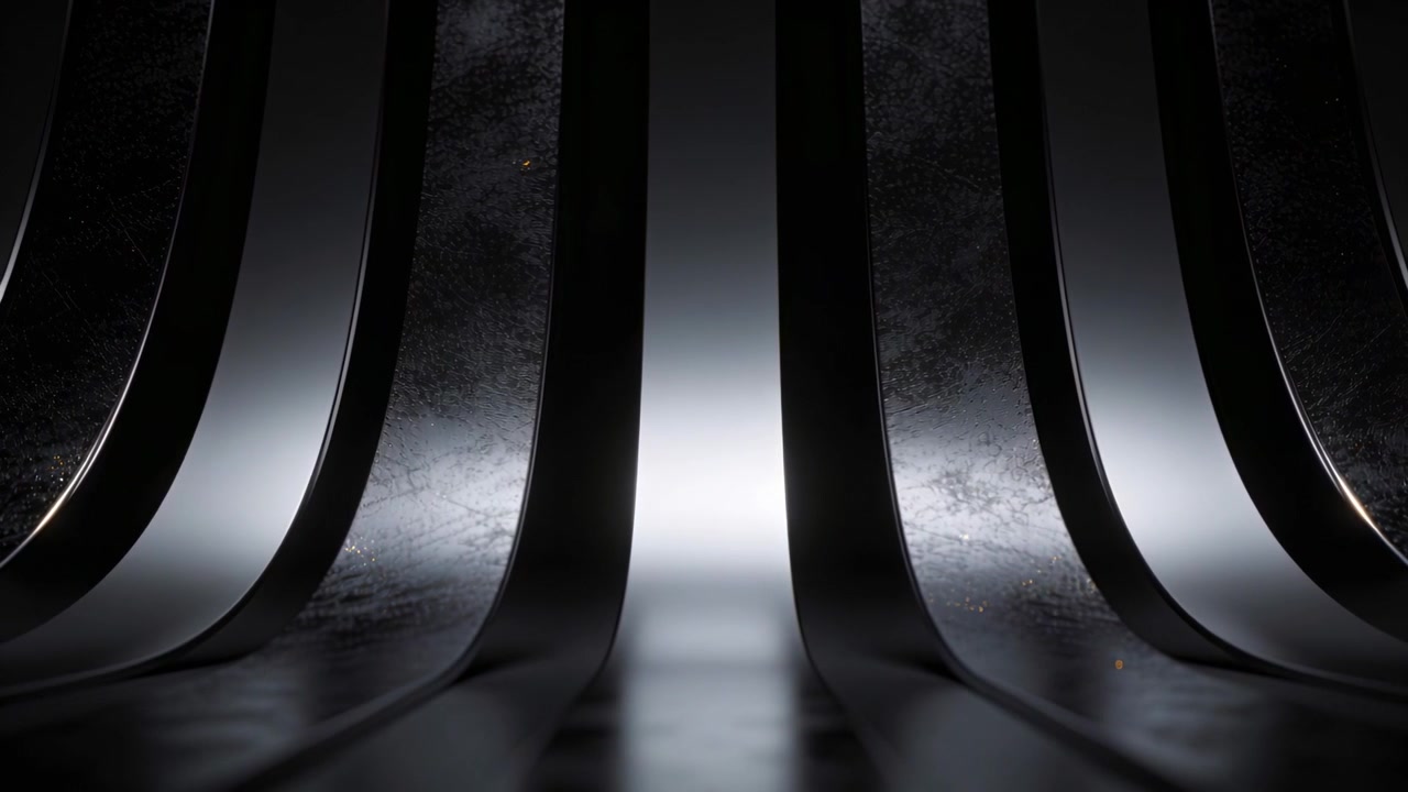 Illuminazione a fascia centrale che rischiara le nervature metalliche in un corridoio, con pavimento a specchio e foschia, creando un'atmosfera suggestiva.