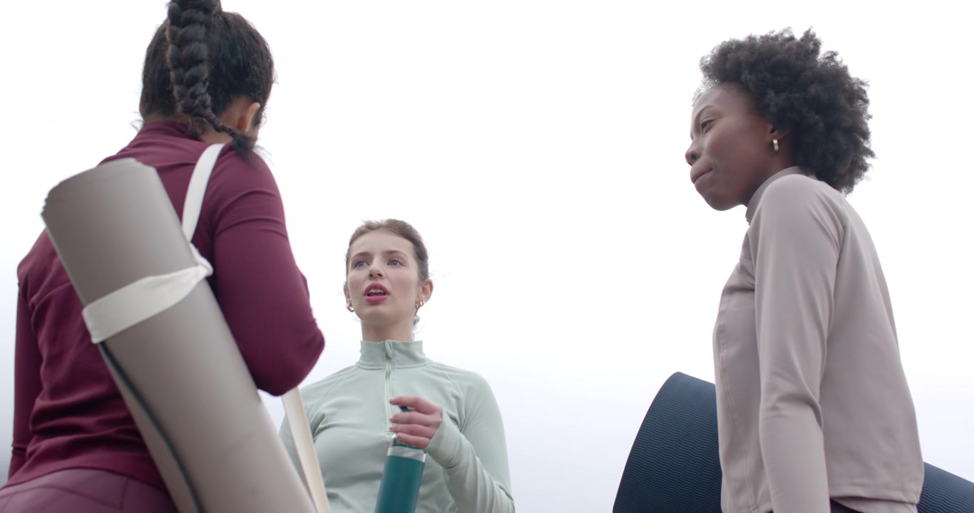 Diverse female friends in leggings meeting, warming up at park, holding mats and bottle, confirming