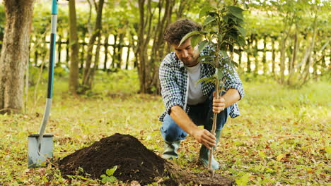 Ein-Porträt-Eines-Bauern-Bei-Der-Gartenarbeit.-Er-Pflanzt-Einen-Baum.-Er-Steckt-Den-Baum-In-Ein-Loch,-Betrachtet-Ihn-Und-Schaut-Dann-In-Die-Kamera.-Verschwommener-Hintergrund