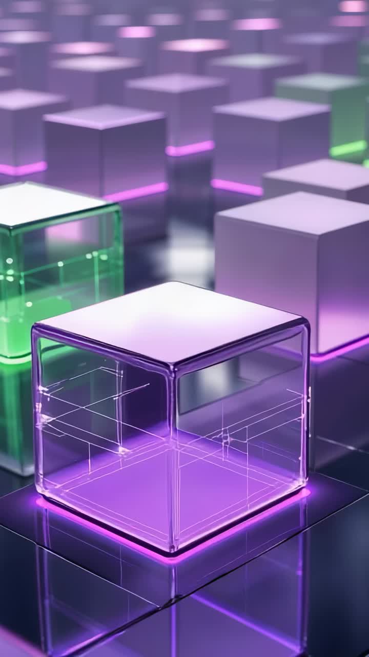 Vertical video: Sliding neon edged cube in grid as camera pans right showing green cube, copy space