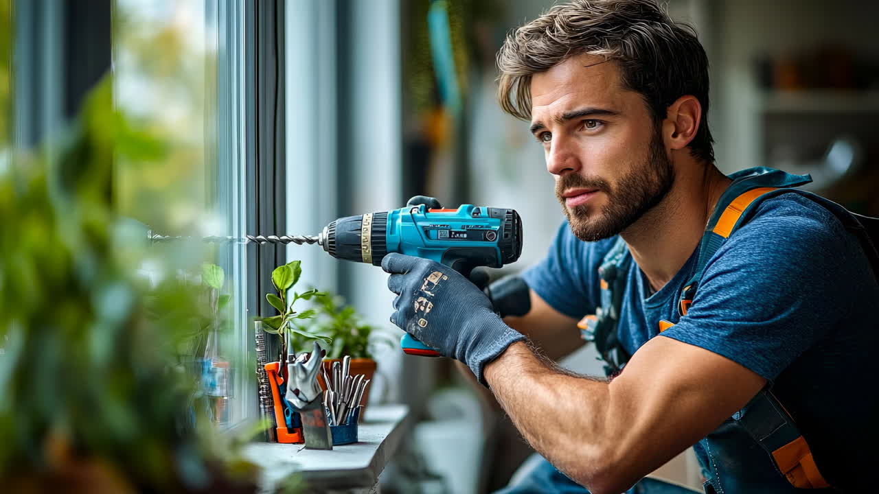 Man uses drill to fix window while standing by plants in a workshop during daylight hours