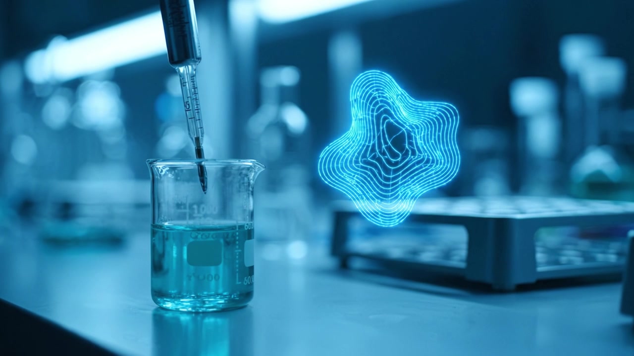 Advanced laboratory scene showcasing a pipette dispensing liquid into a beaker, with a digital overlay representing data analysis and experimentation processes.
