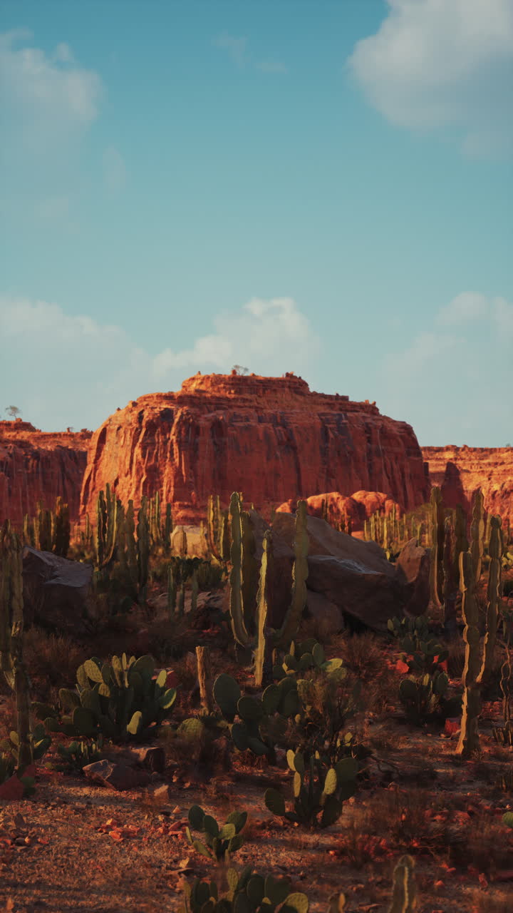 Desert scene with cactus trees and mountains