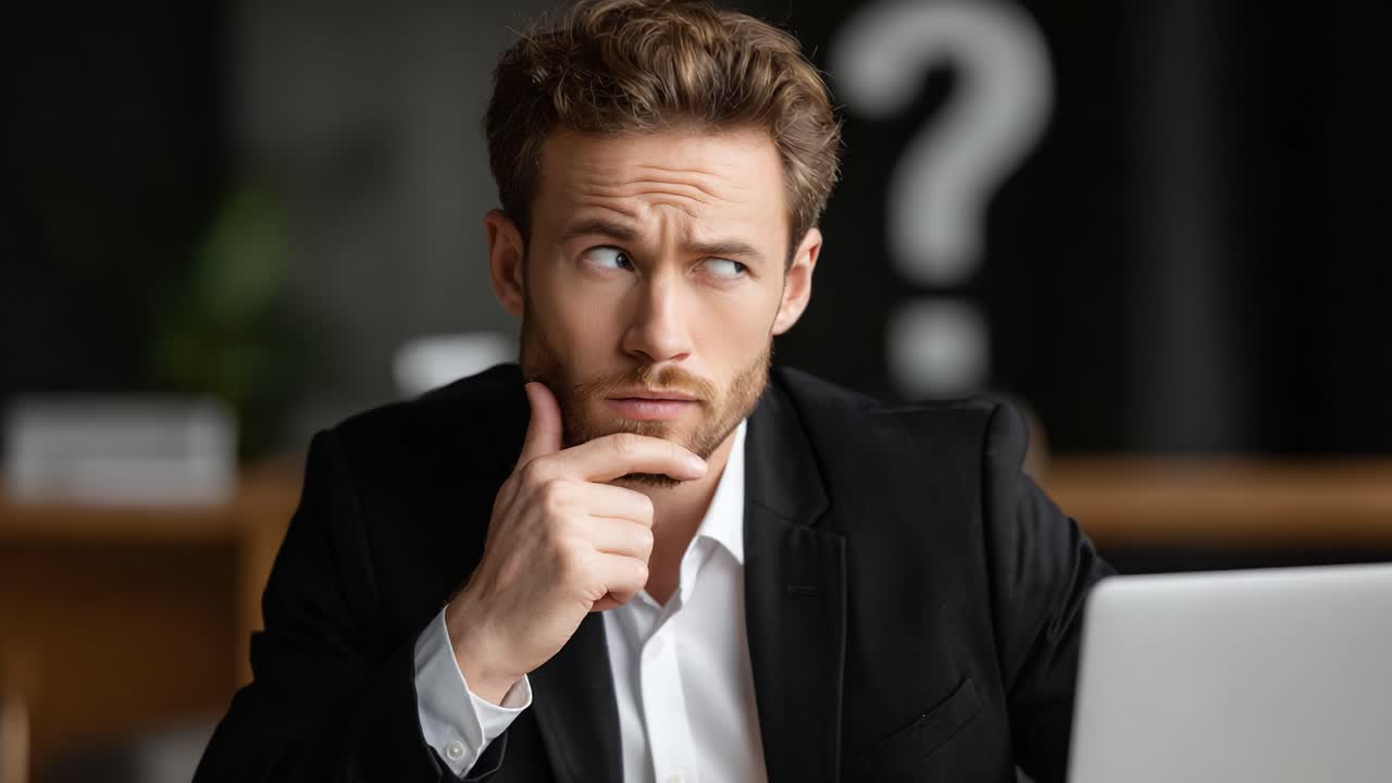 Contemplative Professional in a Business Setting: A Thoughtful Individual Pondering Over a Query While Engaged with Technology, Capturing a Moment of Introspection and Insight