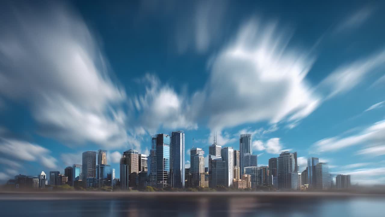 Stunning Urban Landscape Captured in Two Frames Showcasing a Skyline Against a Dynamic Cloudy Sky Reflecting Light Over Water During Daytime