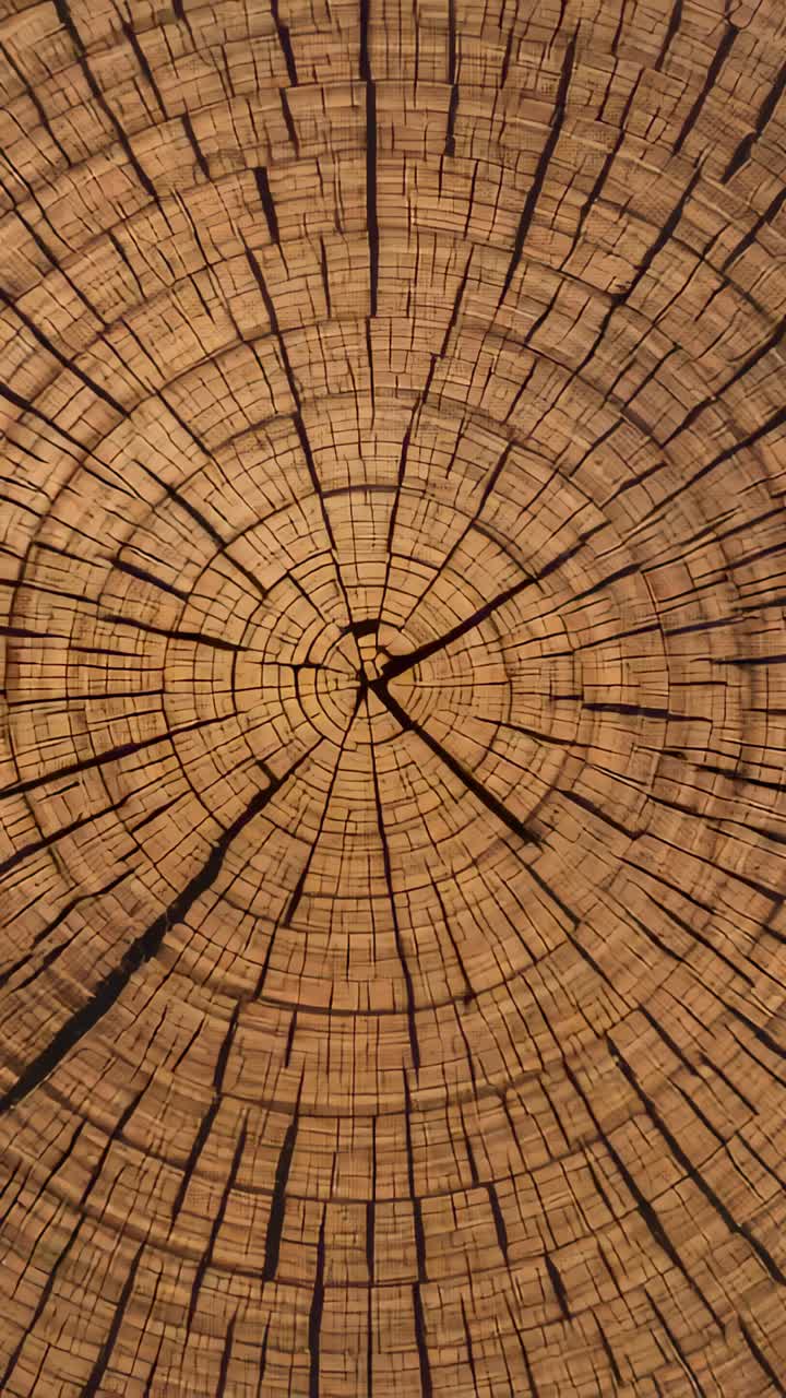 Vertical video: Sliding camera zooming over log stump, showing growth rings and radial cracks