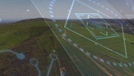 winding dirt road being scanned by digital hud elements across green crop terraces