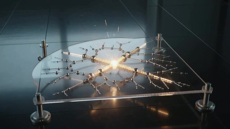 Sparking gold rod sending light along fractal arms on square plate, revealing reflections