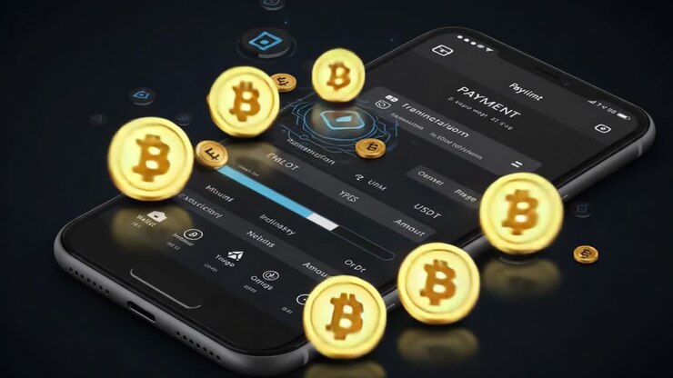 Un'interfaccia di pagamento moderna per criptovalute che mostra monete digitali e transazioni, dimostrando il futuro della tecnologia finanziaria e dei pagamenti in valuta digitale
