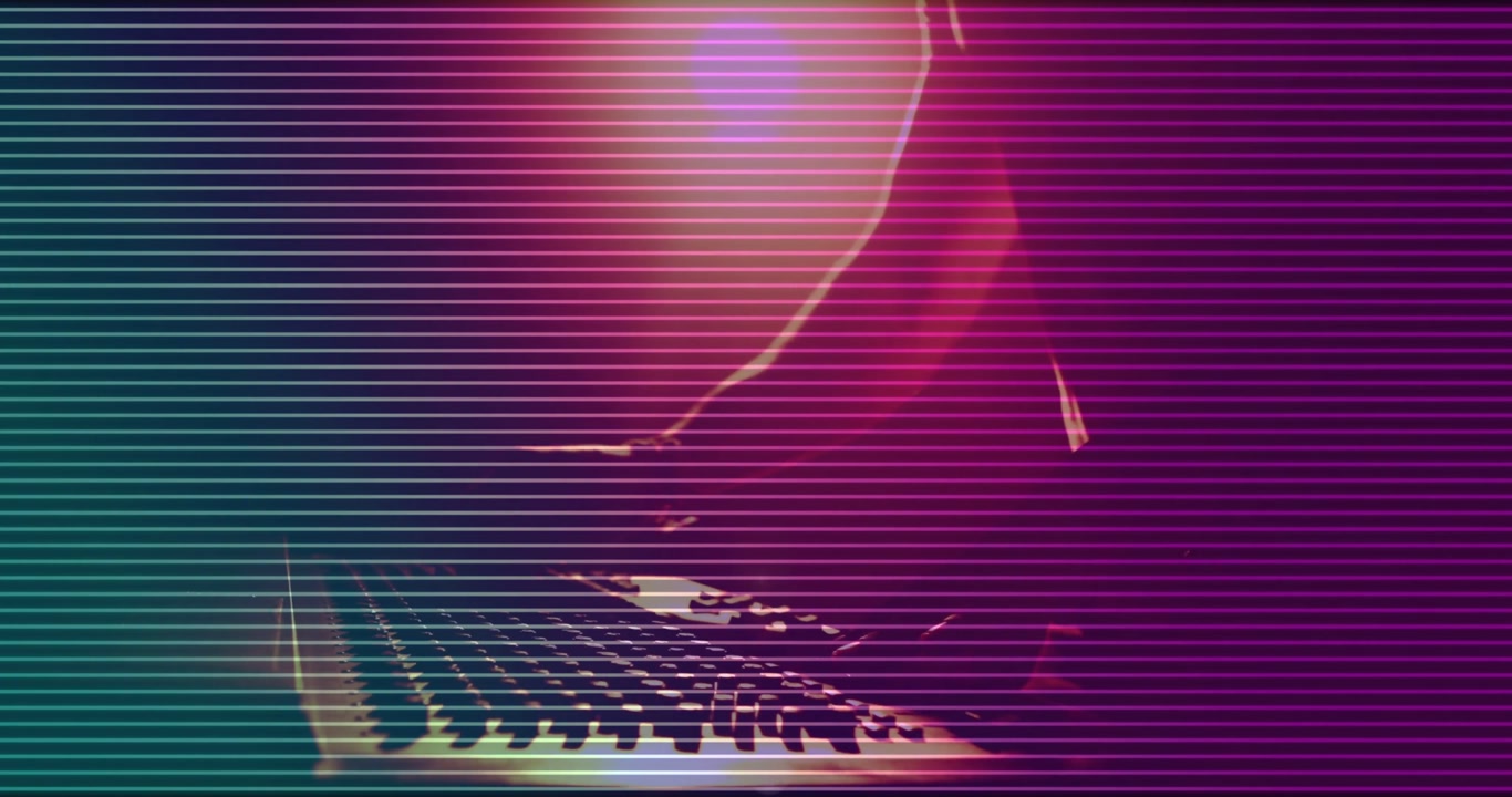 Camera pulling back musician leaning in and playing music on MIDI keys under neon scanlines pulsing