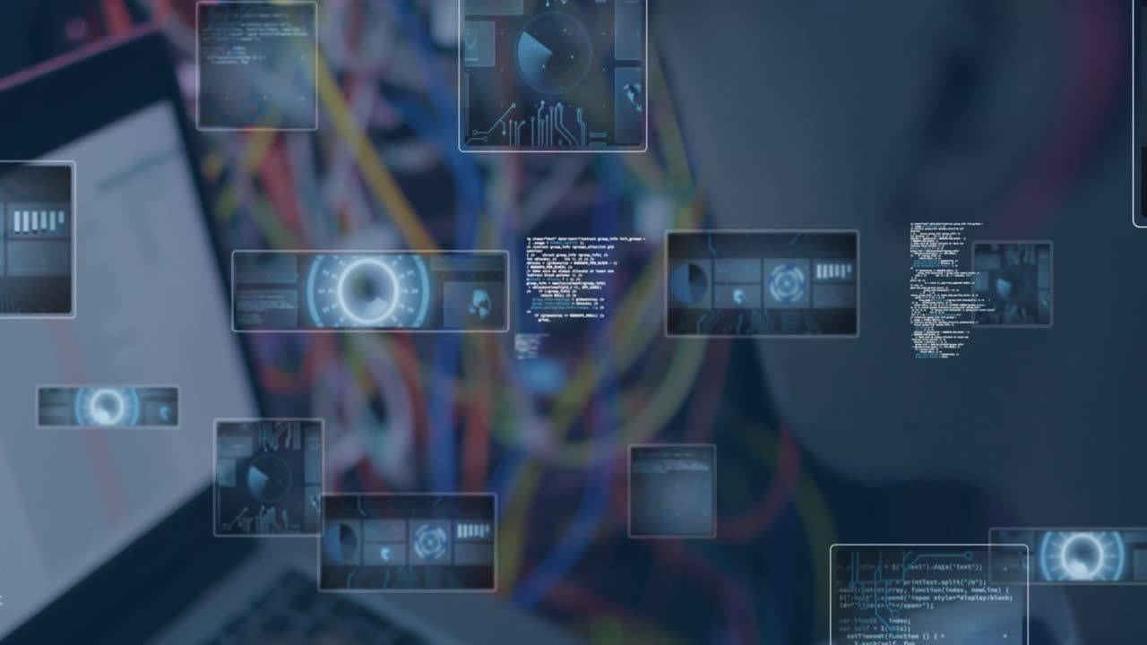 animación de la pantalla con diversos datos sobre las manos de un hombre afroamericano que usa una computadora portátil