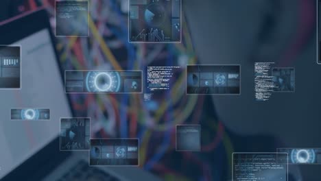 animation of screen with diverse data over hands of african american man using laptop