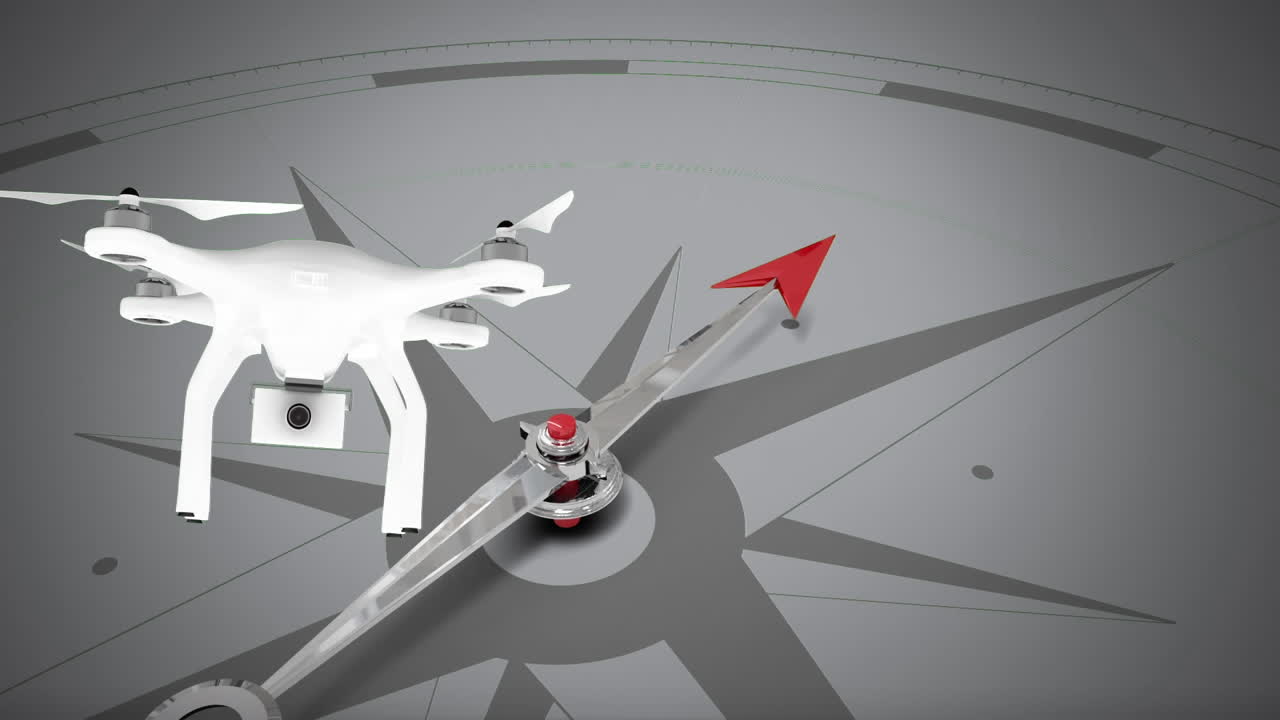 회색 배경에 나침반과 드론의 애니메이션