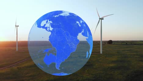 animation of globe with numbers over wind turbines in countryside