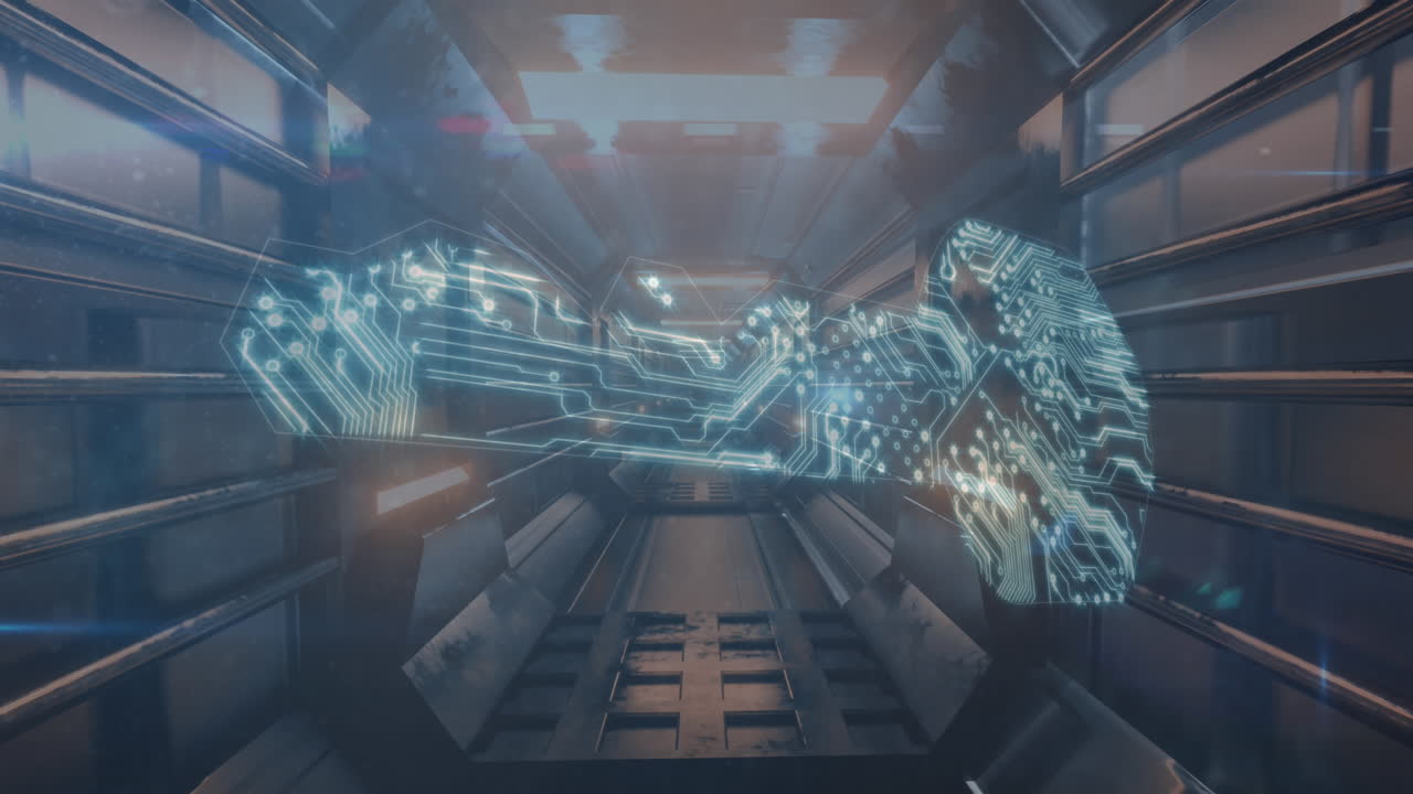 Security key icon against digital moving tunnel