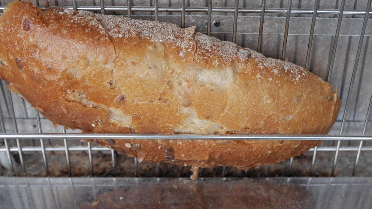 Zoom out of slice of loaf bread on standing vertical toaster.