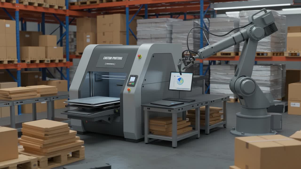 Advanced Automation in a Logistics Warehouse: A Robotic Arm and Cutting-Edge Printing Machine Streamlining Packaging and Shipping Processes