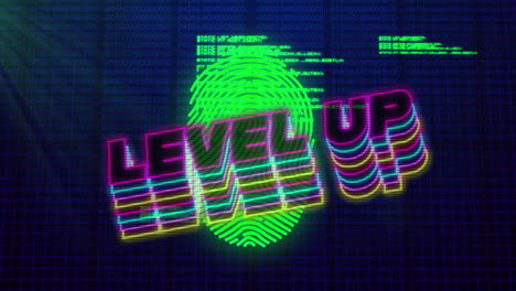 animation of level up text over fingerprint and data processing on black background