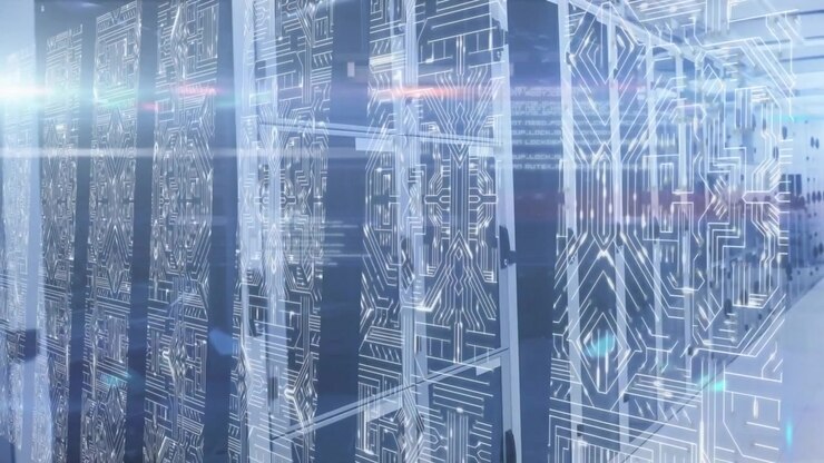 Digital Circuit Board Overlay on Server Room Infrastructure