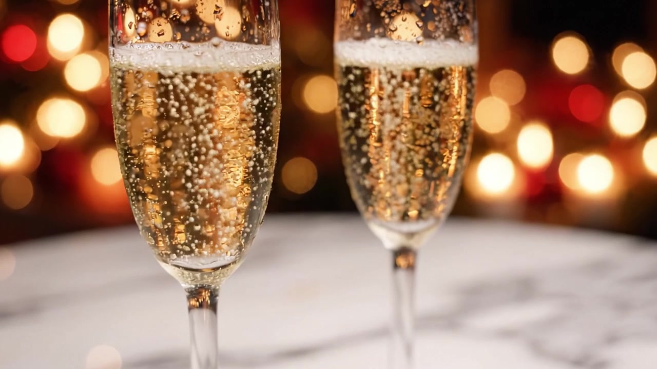 Brindisi Celebrativo: Calici di Champagne Scintillanti su uno Sfondo Festivo con Luci Sfocate che Creano un'Atmosfera Gioiosa per Occasioni Speciali