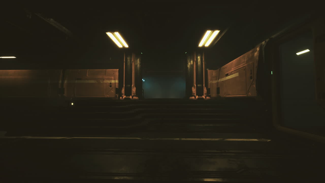 Dark corridor with industrial lighting in a futuristic setting at night