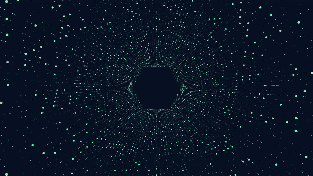 vértigo arco iris futurista neón hexágono con líneas y brillos en galaxia oscura