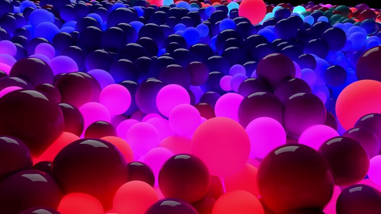 composizione scura con palle colorate che coprono la superficie, alcune delle quali brillano. 3d in 4k sfondo astratto con animazione fluente di sfere