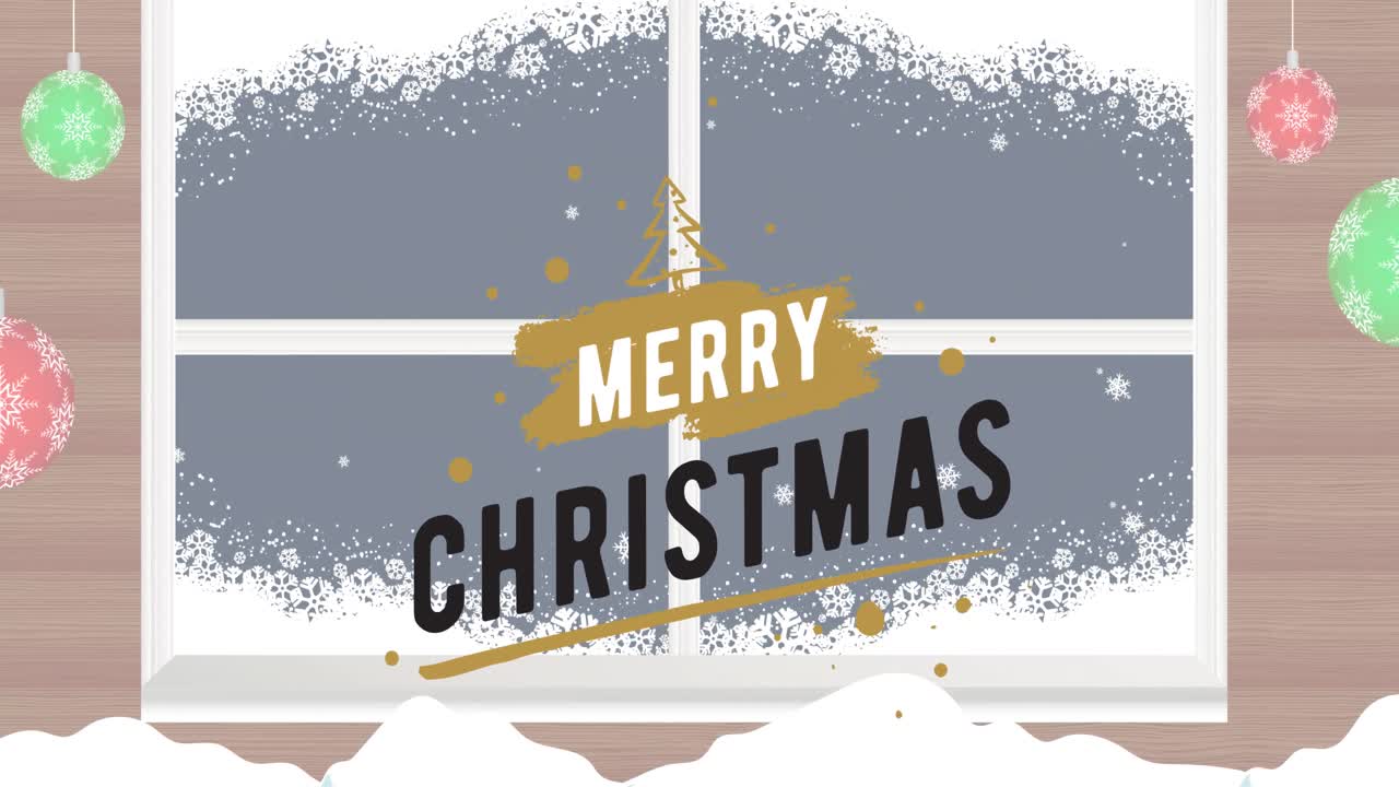 겨울 눈이 내린 창문 위에 메리 크리스마스 텍스트의 애니메이션