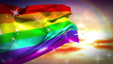 animation of stars and rainbow flag against cloudy sky