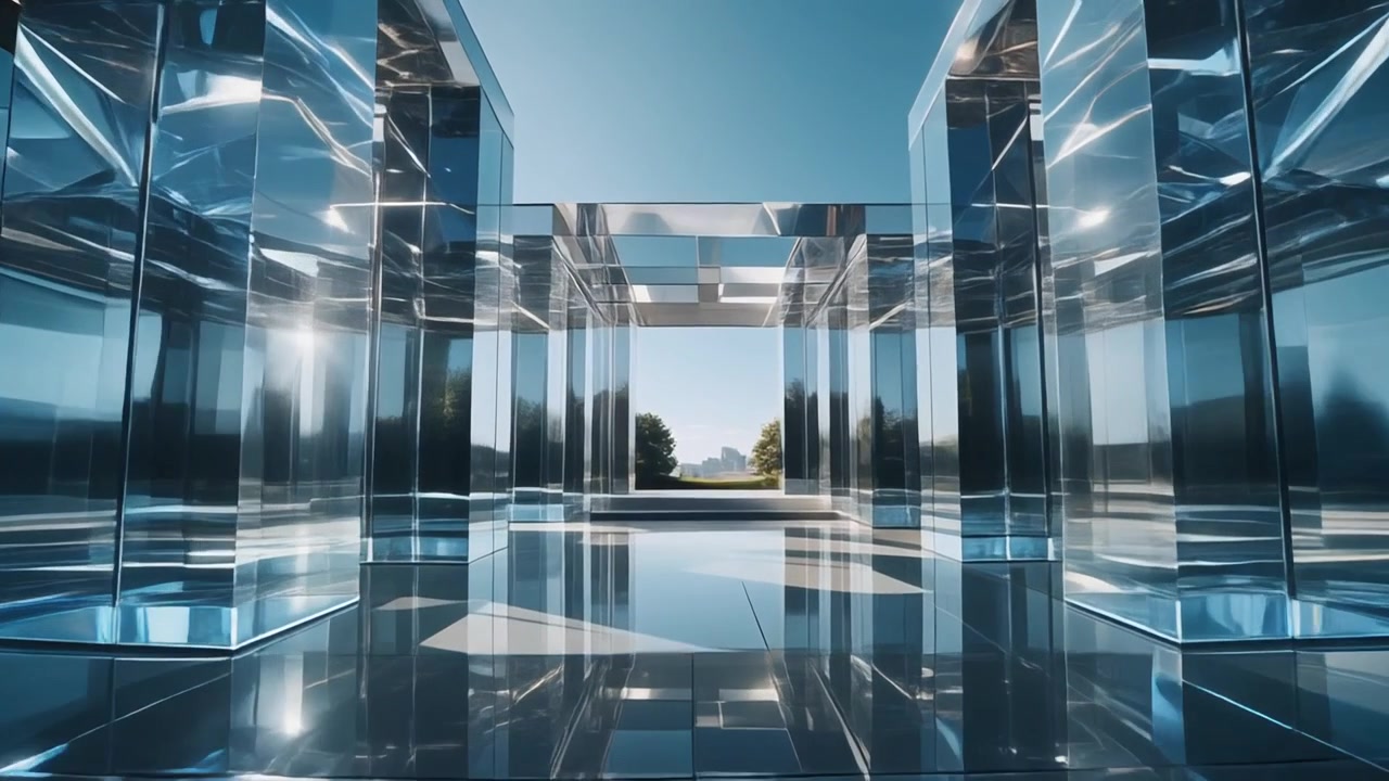 Moderna struttura architettonica in vetro con superfici riflettenti